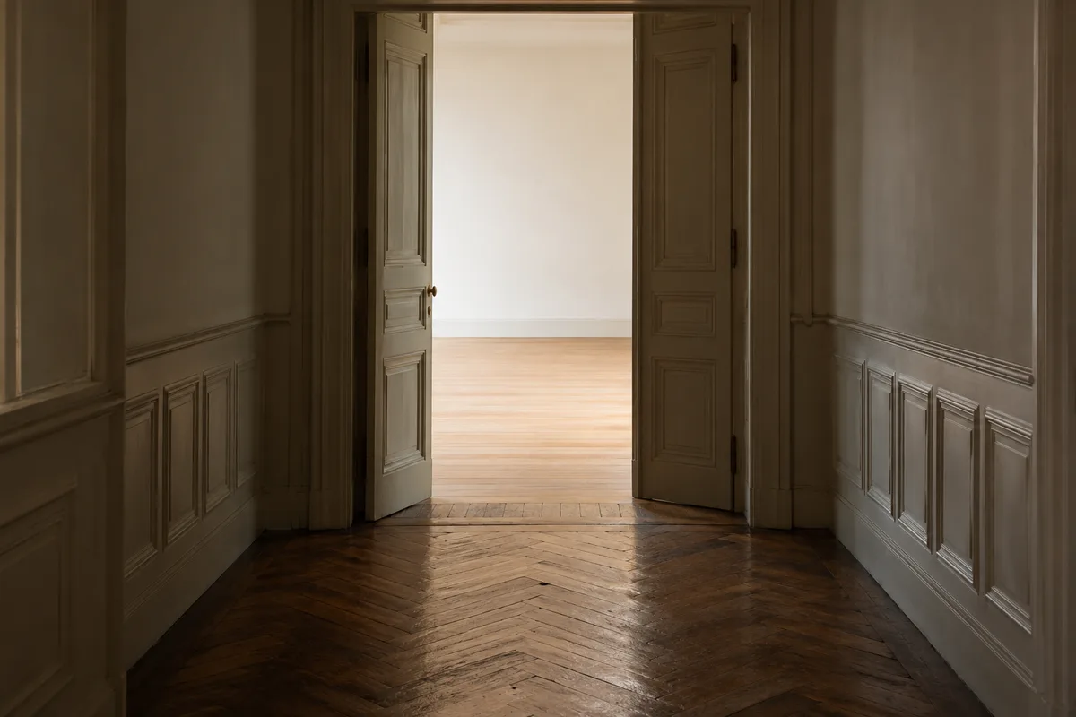 Porte entrouverte au bout d&rsquo;un couloir sur une salle de répétition éclairée
