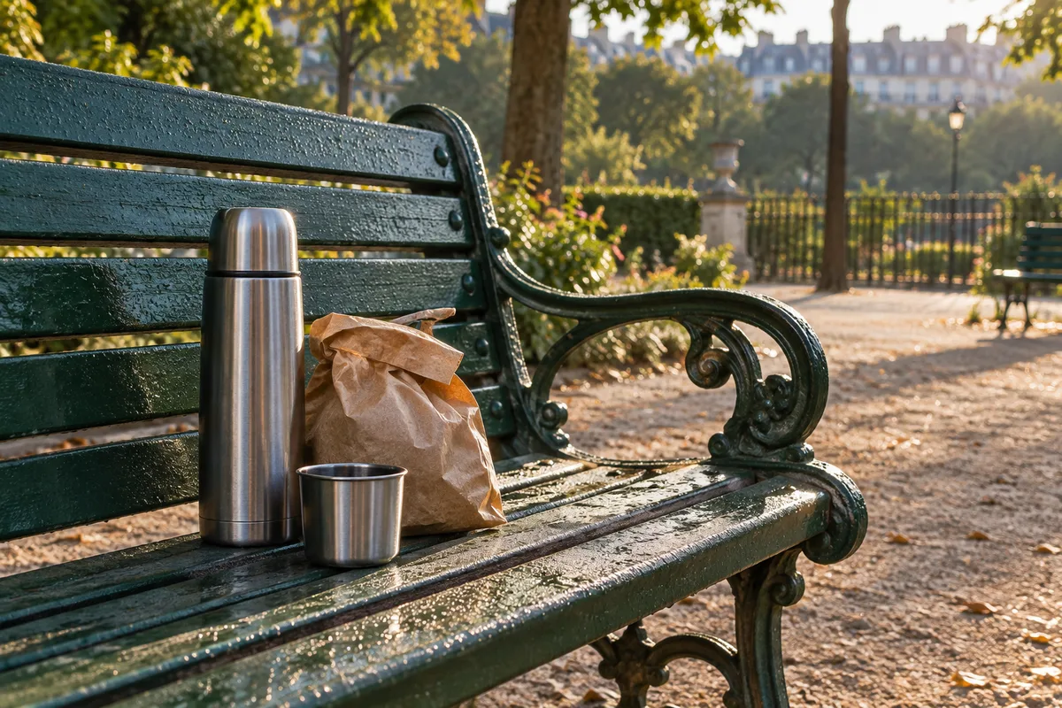 Banc de parc parisien le matin avec un thermos et un sachet en papier kraft