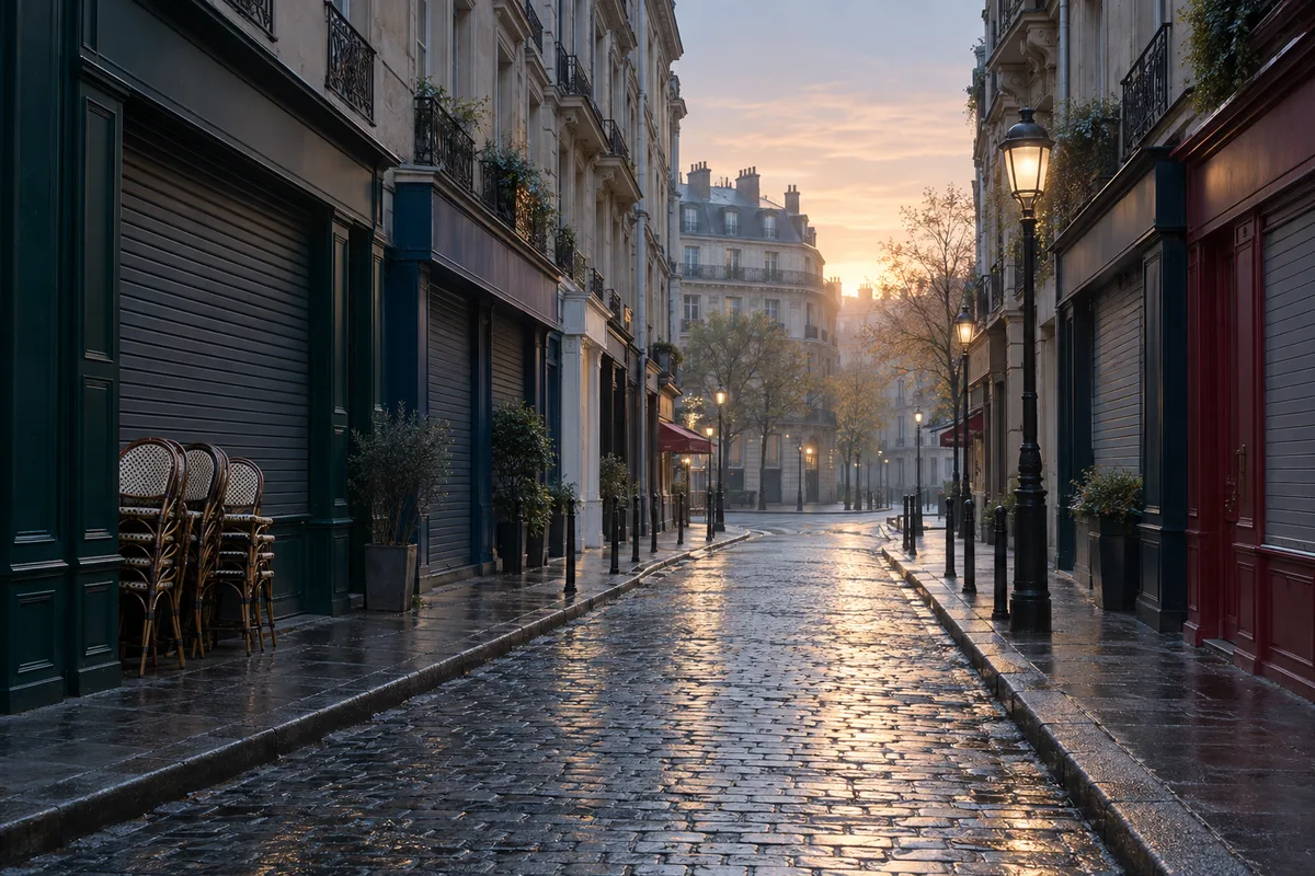 Rue calme de Paris au petit matin avec des devantures sobres