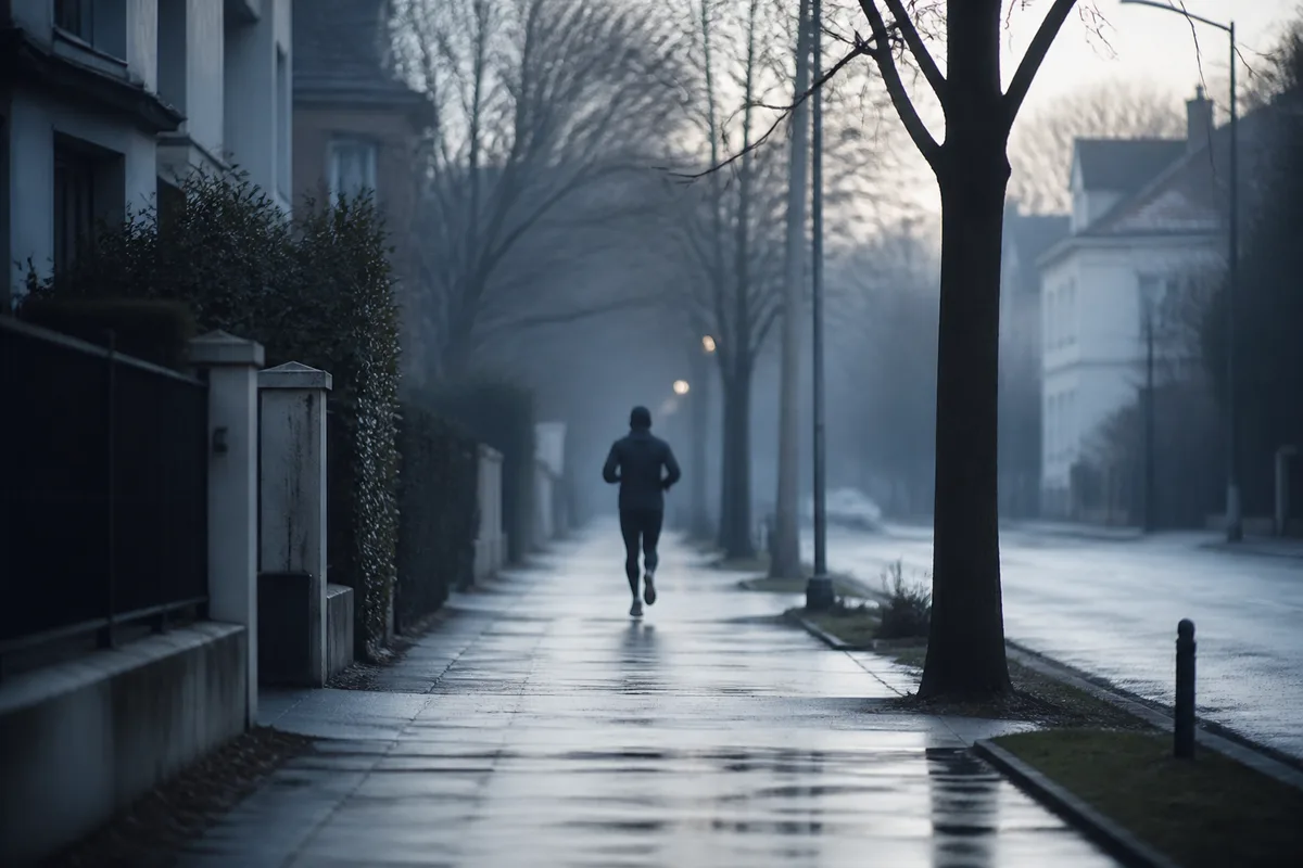 Rue urbaine calme en début de matinée d&rsquo;hiver avec un coureur de dos
