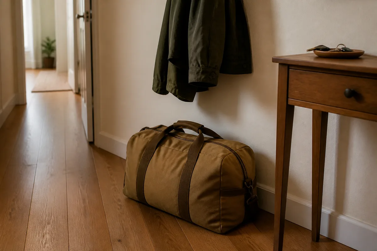 Sac de sport préparé près d&rsquo;une porte d&rsquo;entrée dans un couloir lumineux