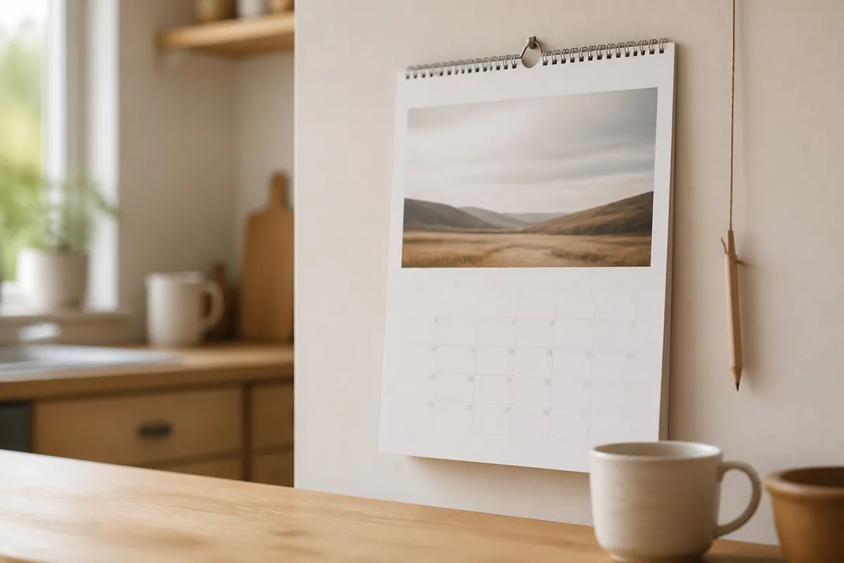 Calendrier mural neutre accroché dans une cuisine claire