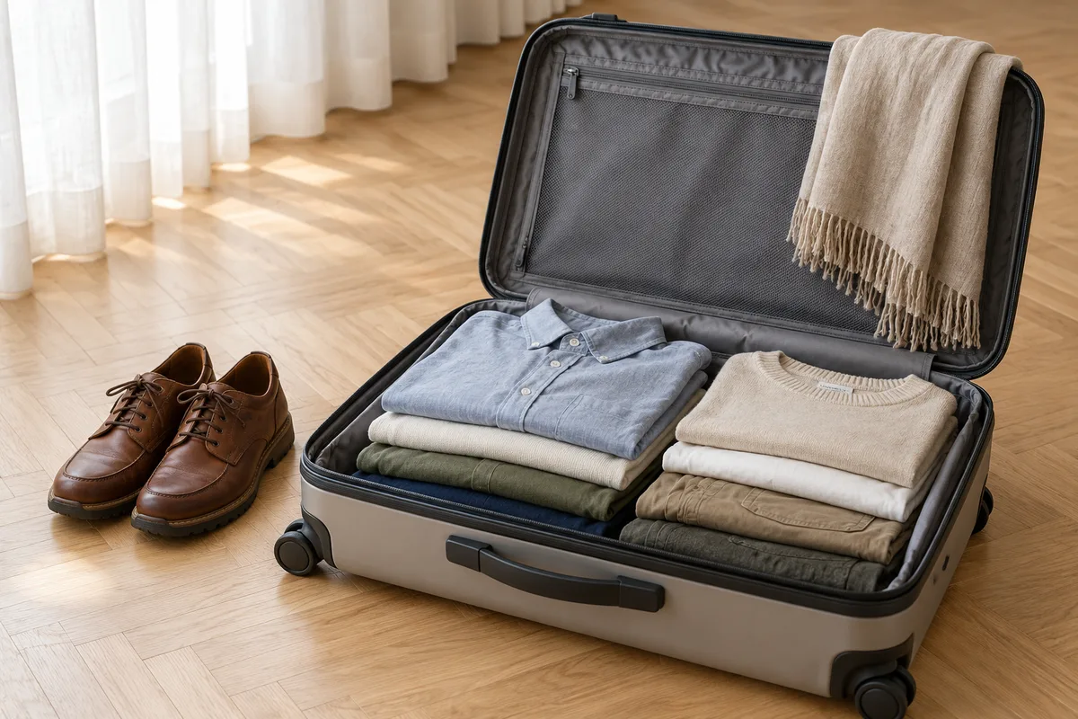 Valise ouverte et chaussures de marche prêtes pour le départ en congé sabbatique