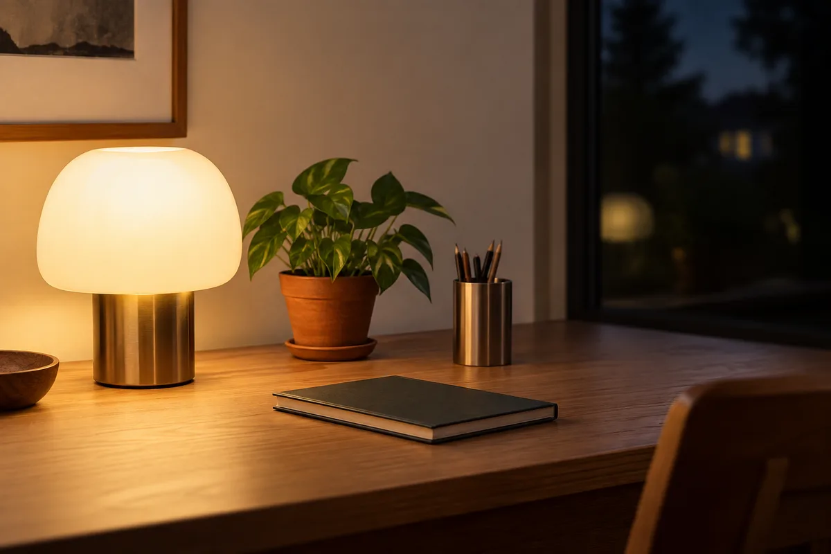 Bureau rangé avec une plante et une lampe allumée le soir